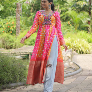 Yellow Pink Color Cotton Printed Navratri Kurti