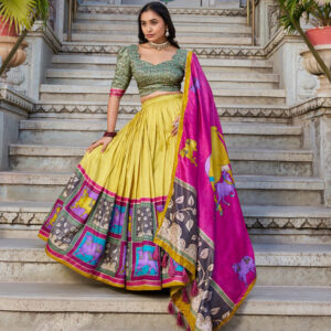 Mustard Color Tussar Silk Kalamkari Printed Lehenga Choli
