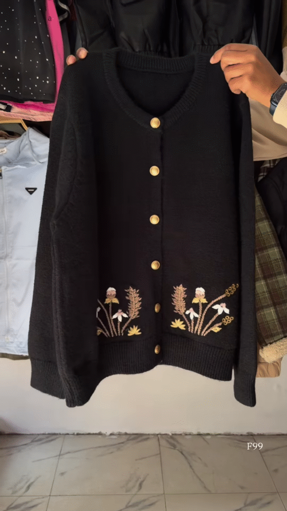 Black Floral Embroidered Button Cardigan – Luxe, Versatile, and Effortlessly Elegant 🌼✨ - Photo 2
