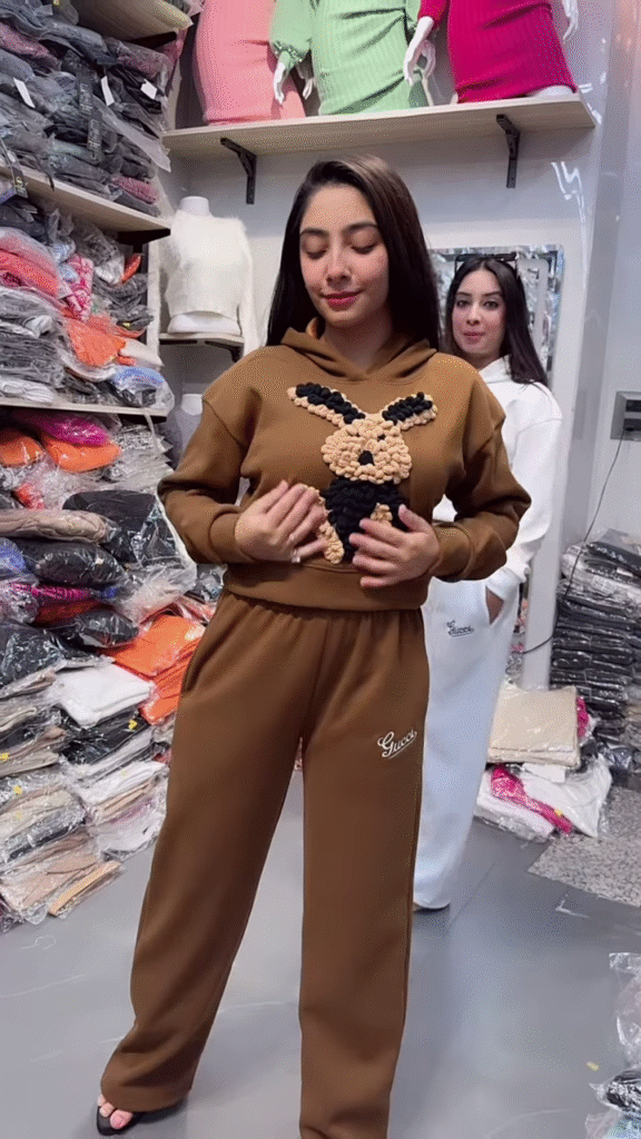 Bunny Print Hoodie & Jogger Co-ord Set – White & Brown Combo - Photo 4
