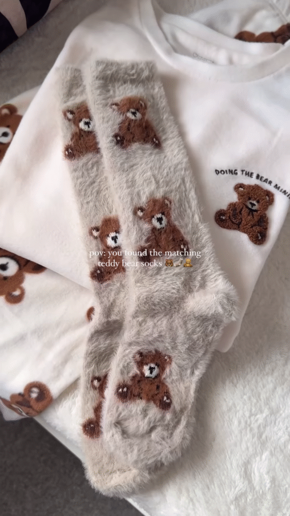 Teddy Bear Print White Lounge Set with Matching Socks - Photo 2
