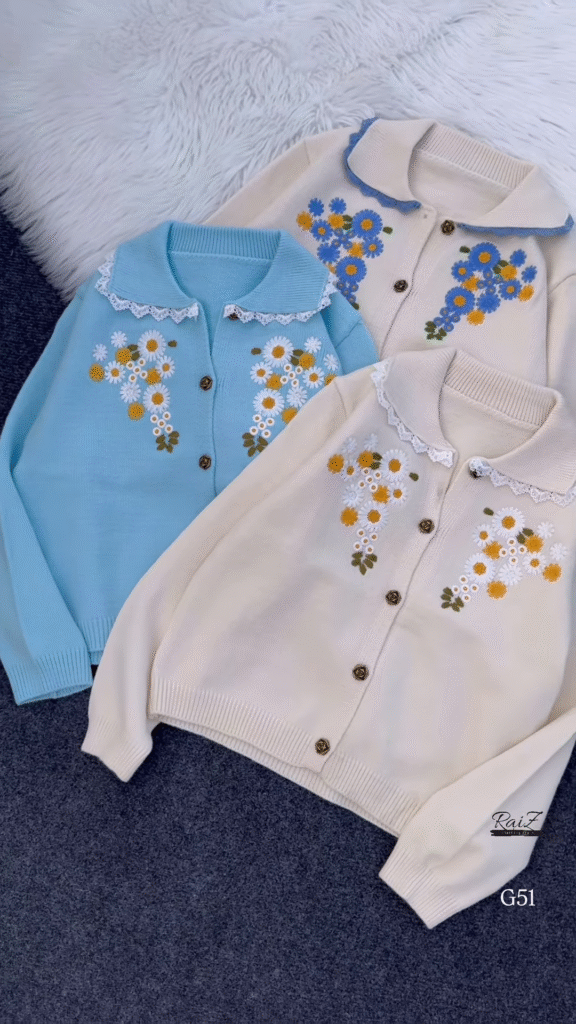 Embroidered Floral Collar Cardigans 🌼 Available in Cream, Light Blue & Lace-Trim Variants - Photo 1