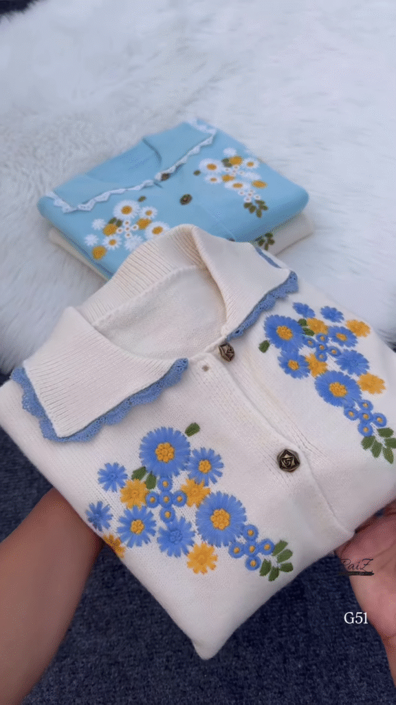 Embroidered Floral Collar Cardigans 🌼 Available in Cream, Light Blue & Lace-Trim Variants - Photo 2