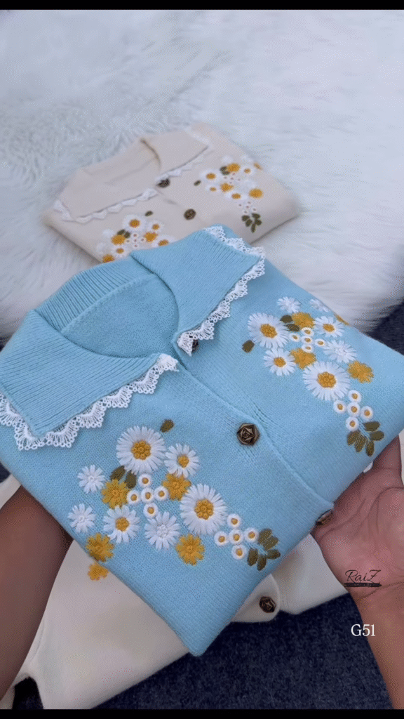Embroidered Floral Collar Cardigans 🌼 Available in Cream, Light Blue & Lace-Trim Variants - Photo 3
