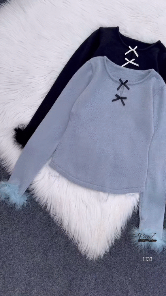 Fur-Cuffed Bow Detail Sweaters 🧥 Available in Black, Light Blue, Dark Grey, Red & Cream - Photo 2