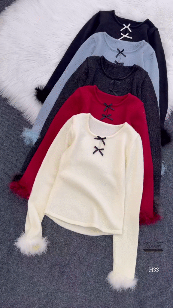 Fur-Cuffed Bow Detail Sweaters 🧥 Available in Black, Light Blue, Dark Grey, Red & Cream - Photo 1