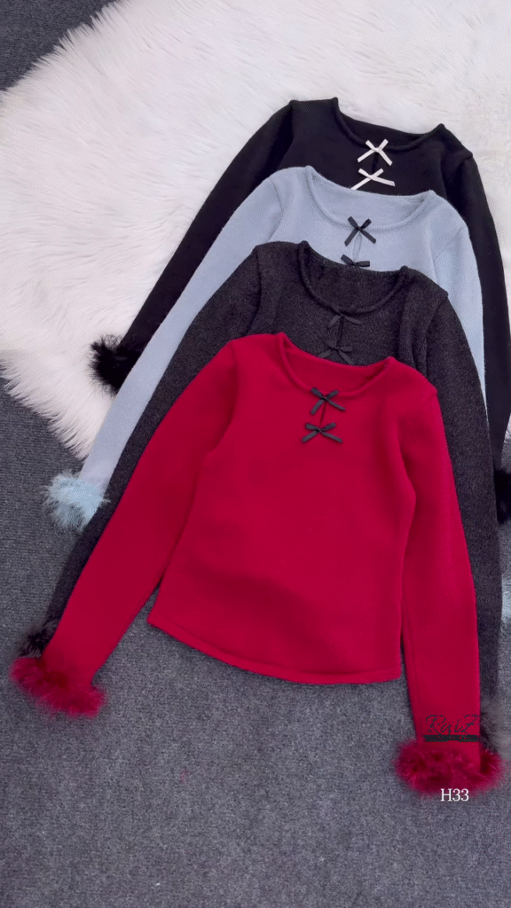 Fur-Cuffed Bow Detail Sweaters 🧥 Available in Black, Light Blue, Dark Grey, Red & Cream - Photo 3