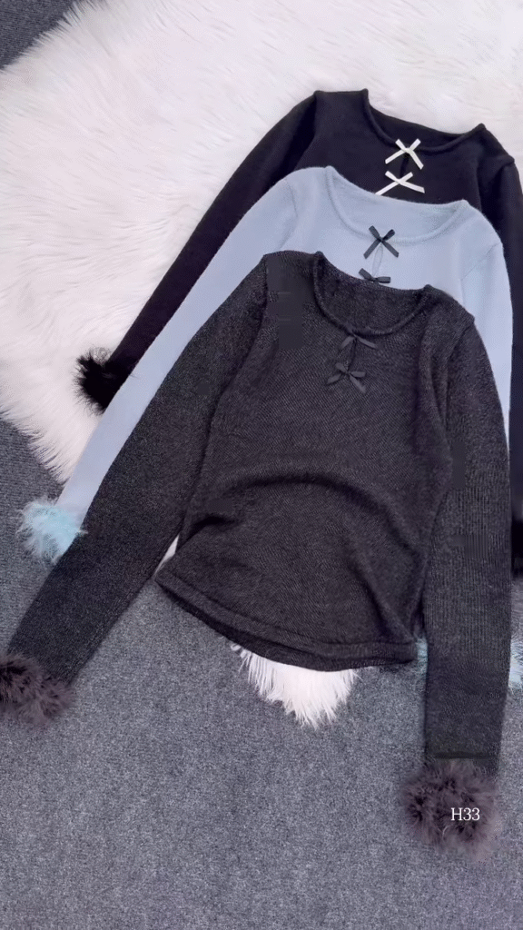 Fur-Cuffed Bow Detail Sweaters 🧥 Available in Black, Light Blue, Dark Grey, Red & Cream - Photo 4