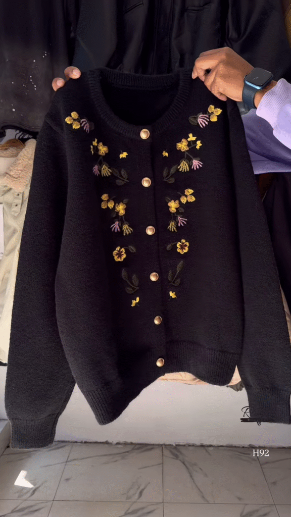 Floral Embroidered Knit Cardigan with Gold Buttons 🧥 Available in Red, Black, Lavender, Mustard & Rose Pink - Photo 2