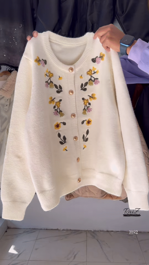 Floral Embroidered Knit Cardigan with Gold Buttons 🧥 Available in Red, Black, Lavender, Mustard & Rose Pink - Photo 1