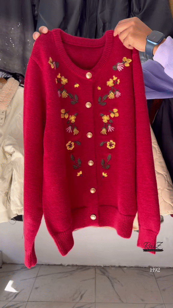 Floral Embroidered Knit Cardigan with Gold Buttons 🧥 Available in Red, Black, Lavender, Mustard & Rose Pink - Photo 3
