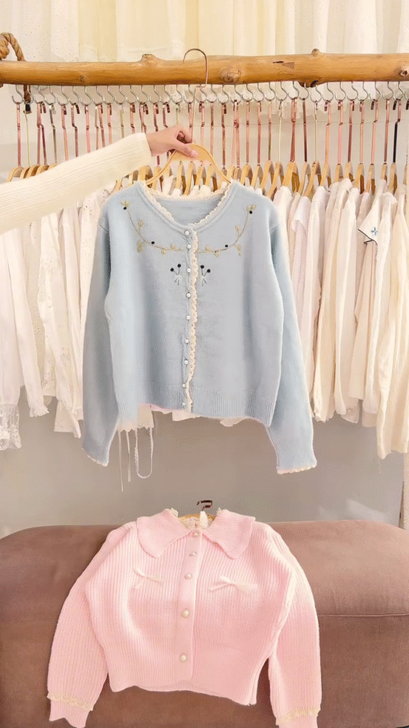 Lace-Trim Floral Embroidered Sweaters & Bow-Collar Buttoned Tops 🧥 Available in Blue & Pink - Photo 11