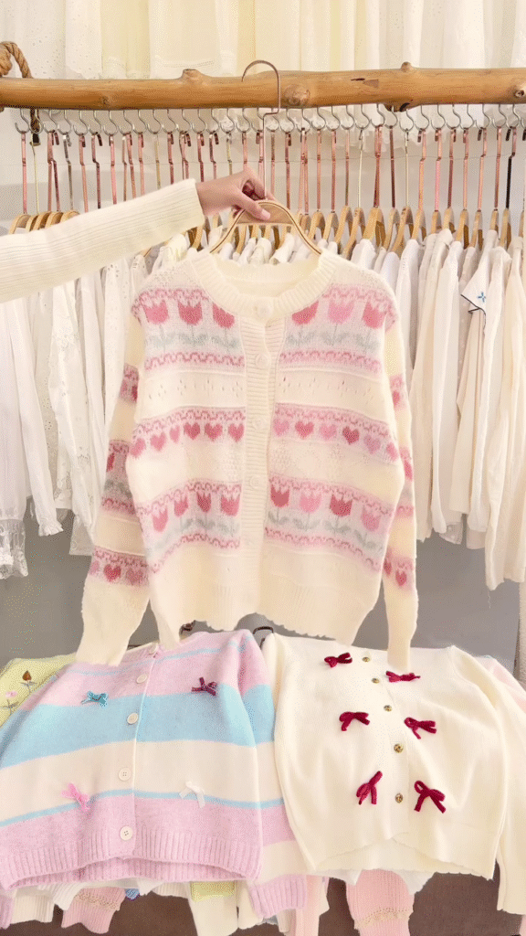 Lace-Trim Floral Embroidered Sweaters & Bow-Collar Buttoned Tops 🧥 Available in Blue & Pink - Photo 1