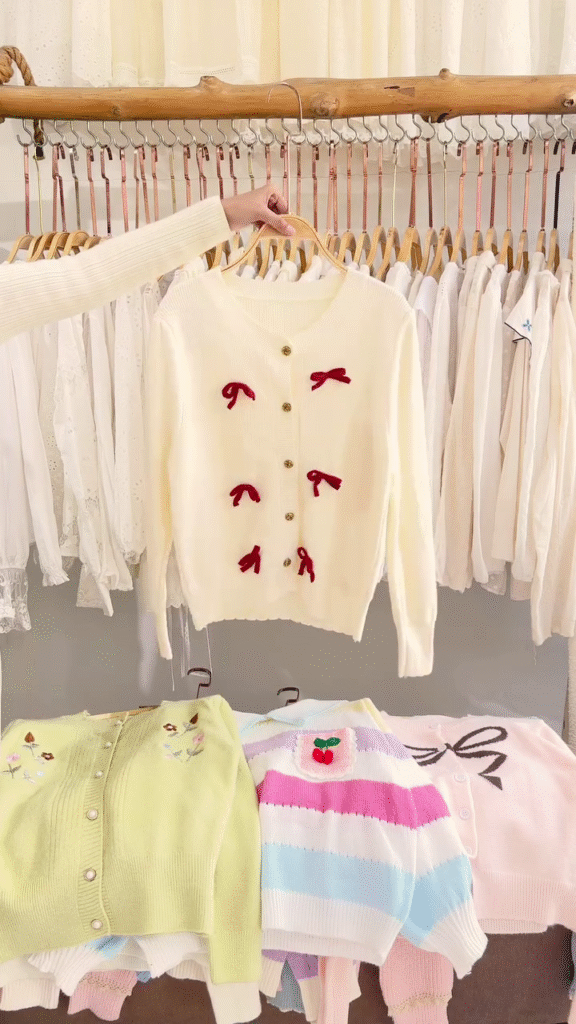 Lace-Trim Floral Embroidered Sweaters & Bow-Collar Buttoned Tops 🧥 Available in Blue & Pink - Photo 2