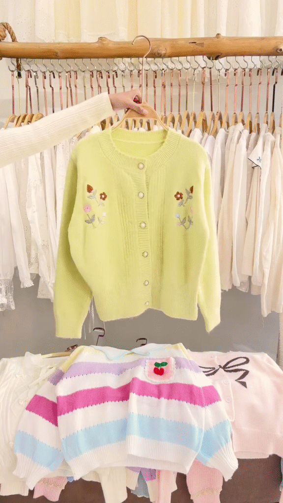 Lace-Trim Floral Embroidered Sweaters & Bow-Collar Buttoned Tops 🧥 Available in Blue & Pink - Photo 3