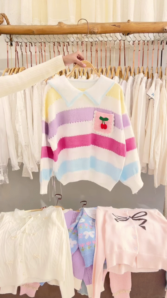 Lace-Trim Floral Embroidered Sweaters & Bow-Collar Buttoned Tops 🧥 Available in Blue & Pink - Photo 4