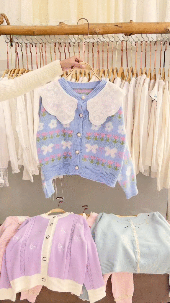 Lace-Trim Floral Embroidered Sweaters & Bow-Collar Buttoned Tops 🧥 Available in Blue & Pink - Photo 7