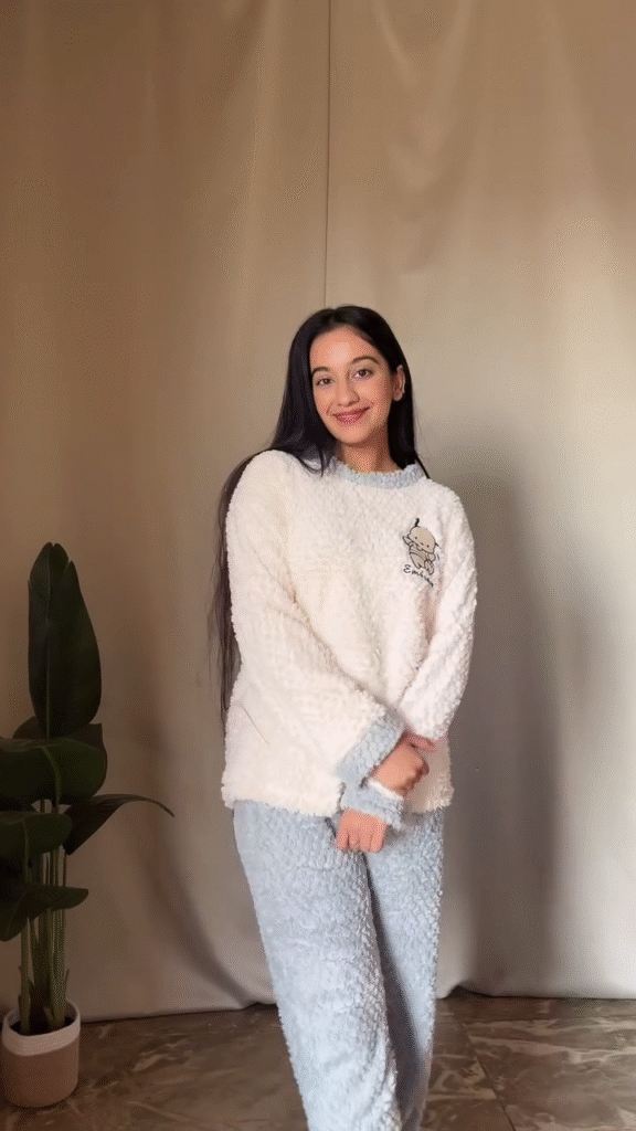Fluffy Cartoon Co-ord Set 🐾 White Top & Blue Pants – Ultra Cozy Loungewear - Photo 3