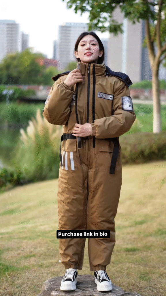 Brown Utility Jumpsuit 🚧 with Reflective Strips & Patch Details - Photo 1