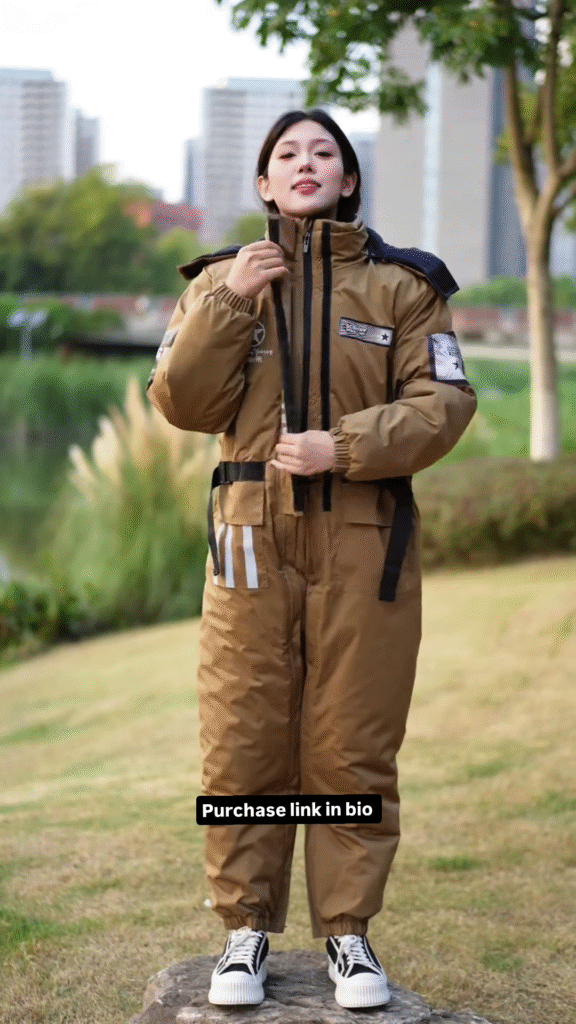 Brown Utility Jumpsuit 🚧 with Reflective Strips & Patch Details - Photo 2