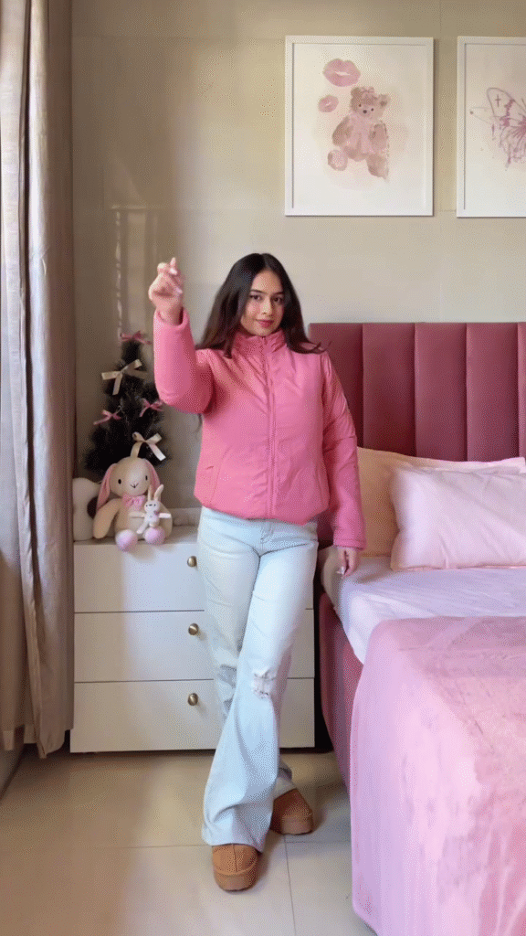 Pink Winter Jacket Look 💗 with Ripped Jeans & Brown Shoes – Cozy Bedroom Edit - Photo 2