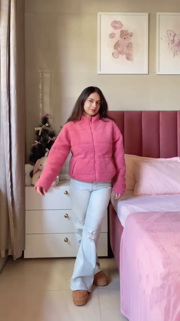 Pink Winter Jacket Look 💗 with Ripped Jeans & Brown Shoes – Cozy Bedroom Edit - Photo 1