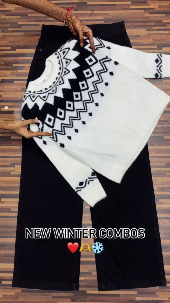 Winter Knitwear Combos ❄️ Cozy Sweaters with White & Black Pants – Floral, Wavy & Geometric Styles - Photo 3