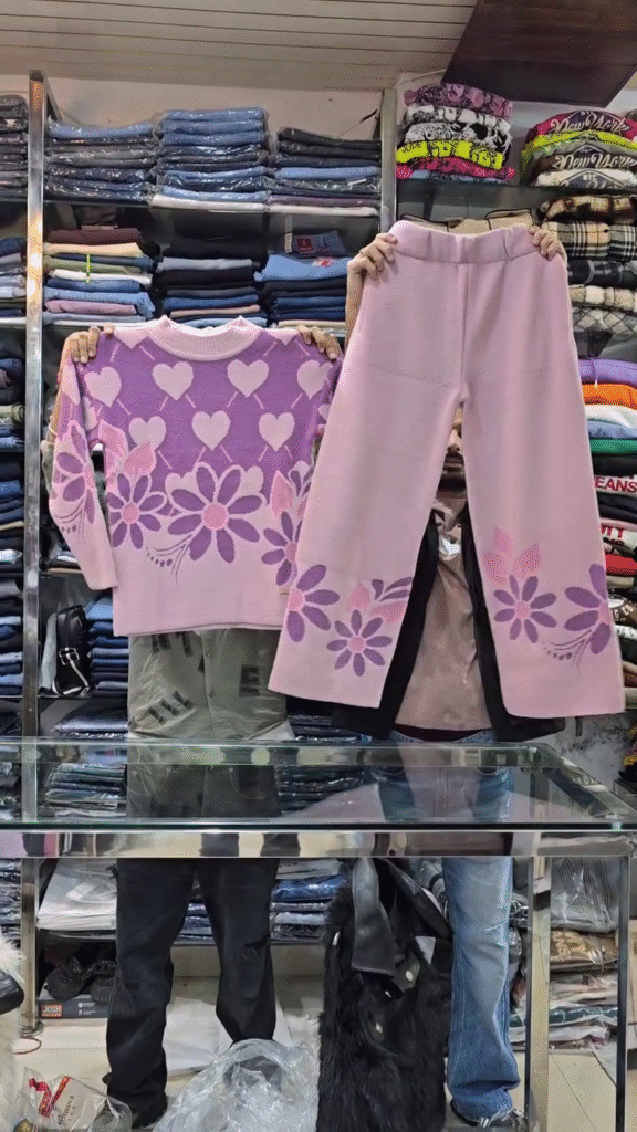 Floral Knit Co-ord Sets 🌸 Heart & Flower Patterns – Purple, Green & Pink Variants - Photo 2