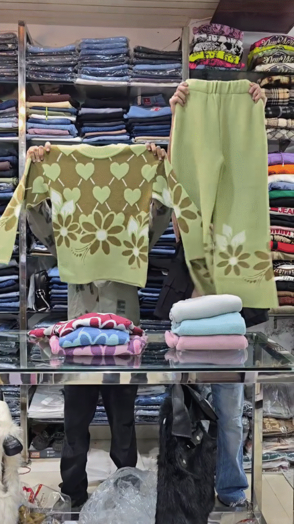 Floral Knit Co-ord Sets 🌸 Heart & Flower Patterns – Purple, Green & Pink Variants - Photo 1
