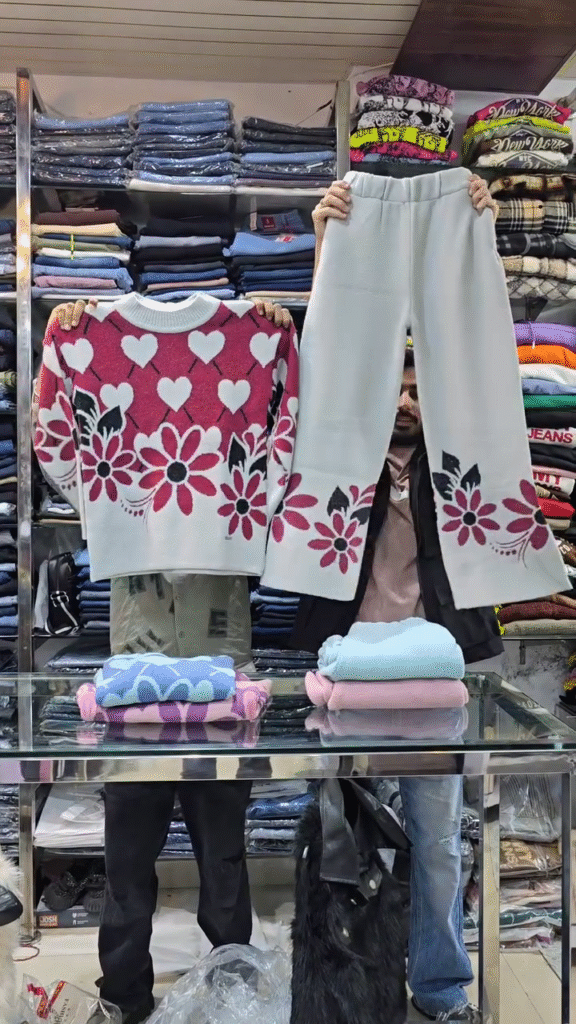 Floral Knit Co-ord Sets 🌸 Heart & Flower Patterns – Purple, Green & Pink Variants - Photo 3