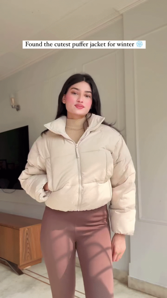 Beige Puffer Jacket Look 🤍 with Brown Leggings – Soft & Stylish Winterwear - Photo 2