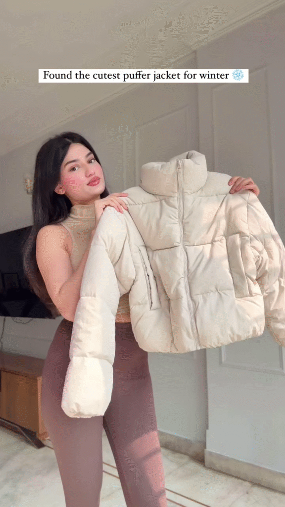 Beige Puffer Jacket Look 🤍 with Brown Leggings – Soft & Stylish Winterwear - Photo 3