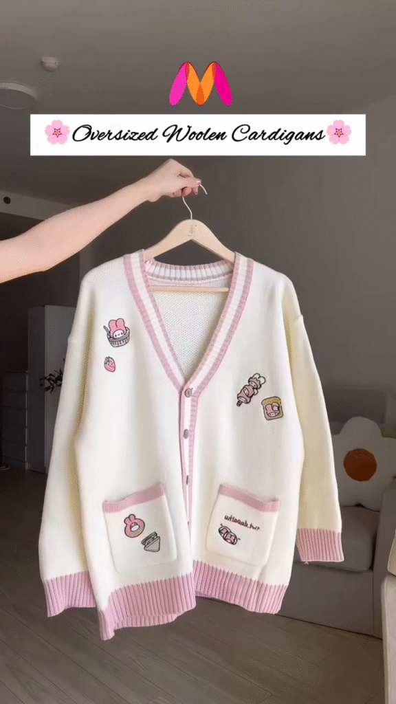 Oversized Woolen Cardigan 🧵💙 With Bow Pockets & Emblem Detail – White & Blue Variant - Photo 5