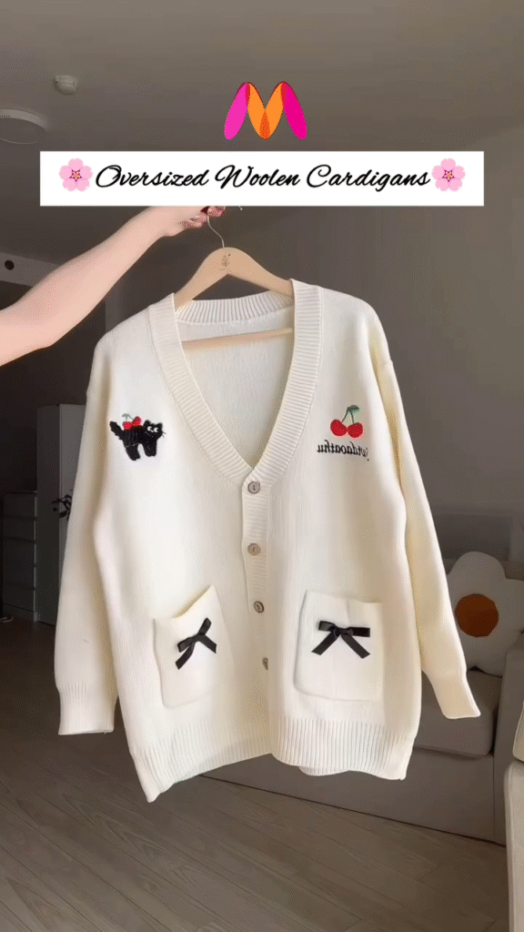 Oversized Woolen Cardigan 🧵💙 With Bow Pockets & Emblem Detail – White & Blue Variant - Photo 1