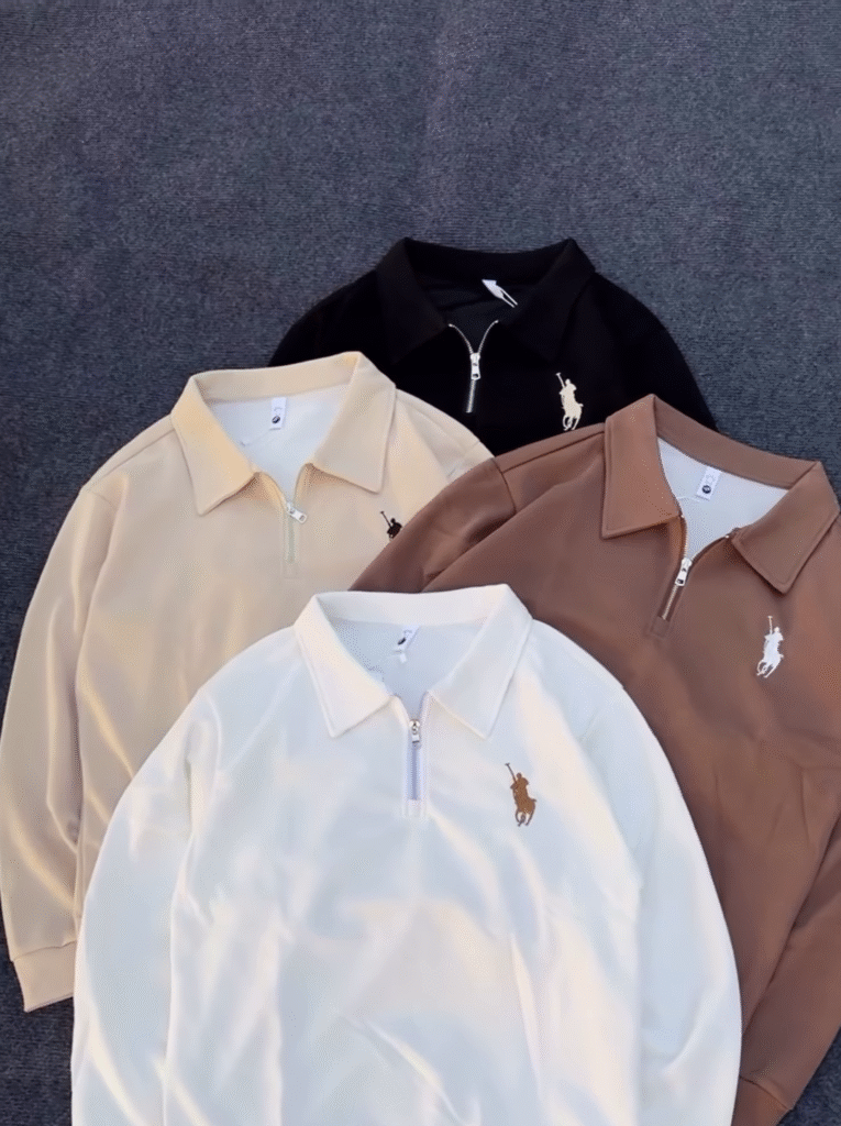 Half-Zip Polo Shirts 🧵🧼 With Embroidered Chest Detail – Black, Beige, Brown & White Variants - Photo 1