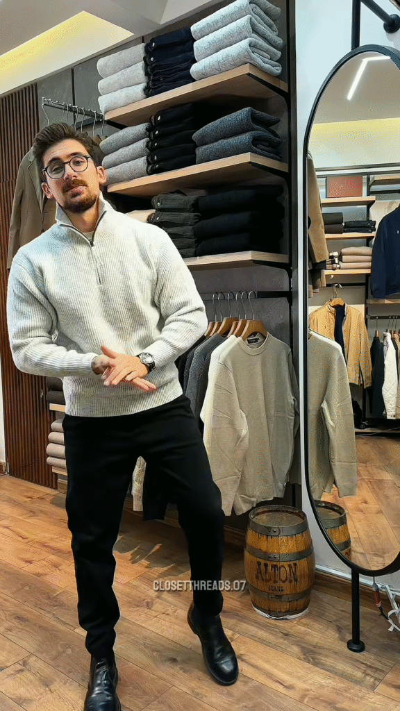Zip-Up Knit Sweater 🧥🪞 – Soft Grey Layer with Black Pants Styling in Store Visual - Photo 2