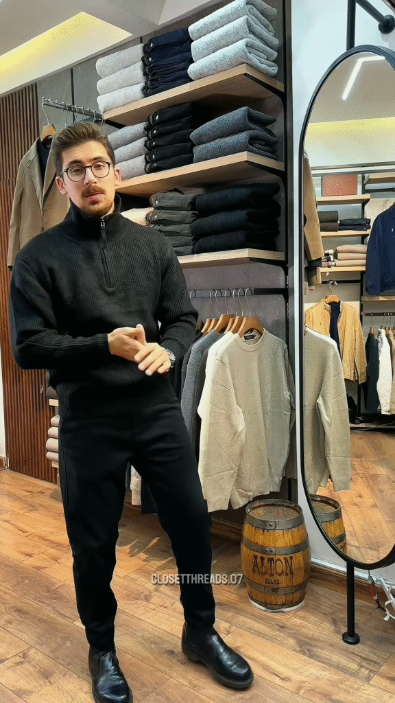 Zip-Up Knit Sweater 🧥🪞 – Soft Grey Layer with Black Pants Styling in Store Visual - Photo 3