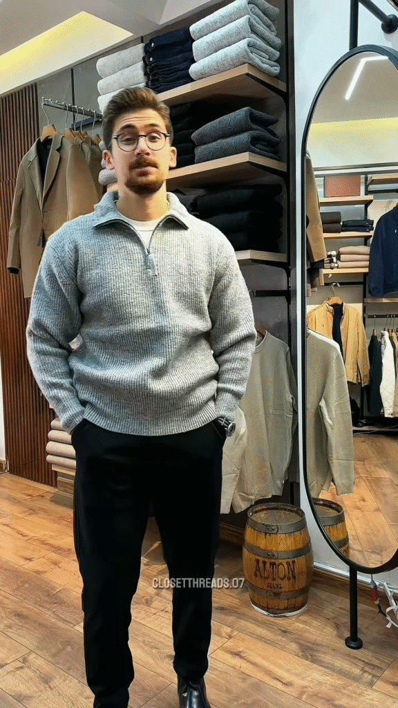 Zip-Up Knit Sweater 🧥🪞 – Soft Grey Layer with Black Pants Styling in Store Visual - Photo 4