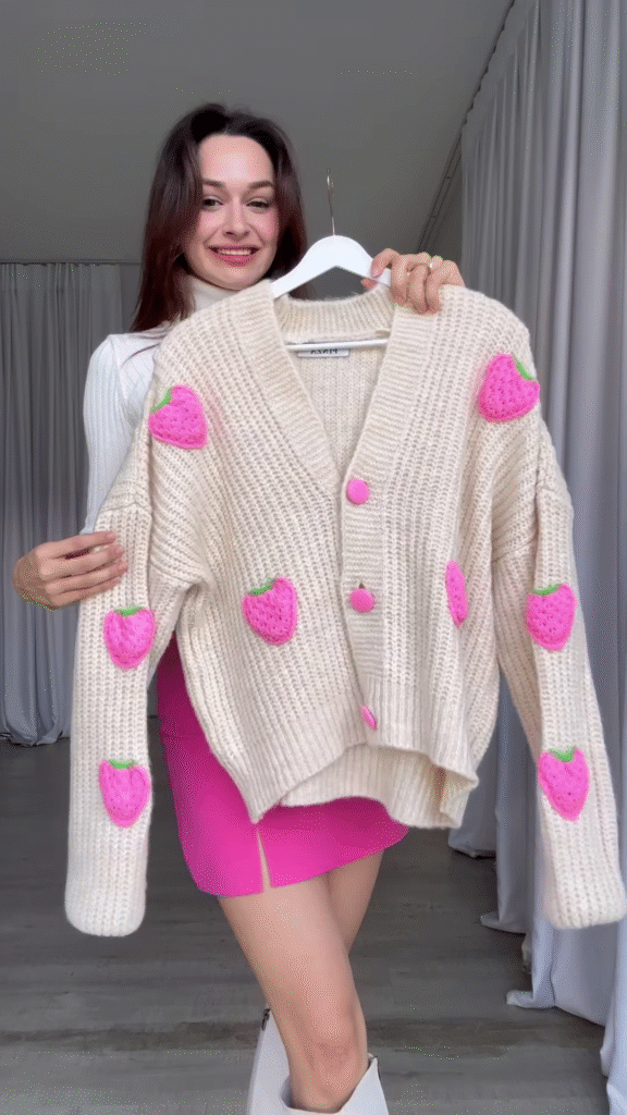 Strawberry-Patch Knit Cardigan 🍓🧥 with Pink Buttons – Styled with Turtleneck, Mini Skirt & Boots - Photo 2