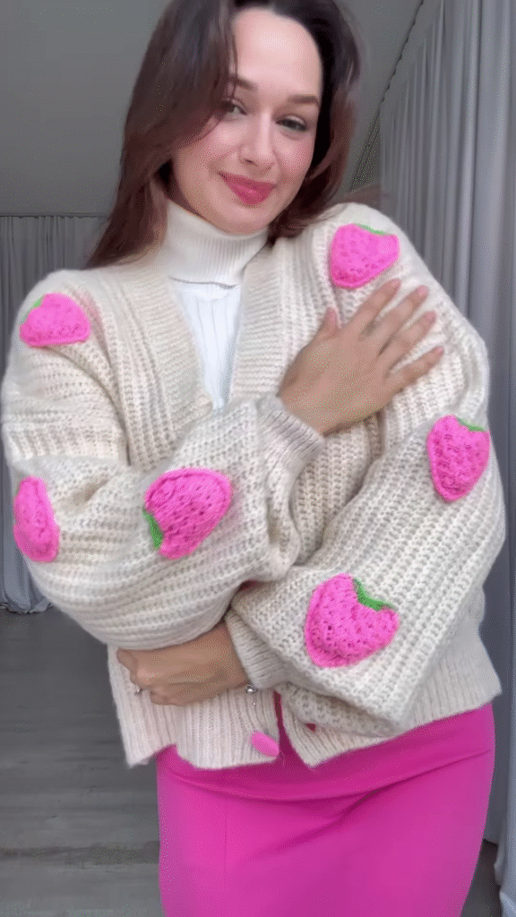 Strawberry-Patch Knit Cardigan 🍓🧥 with Pink Buttons – Styled with Turtleneck, Mini Skirt & Boots - Photo 3