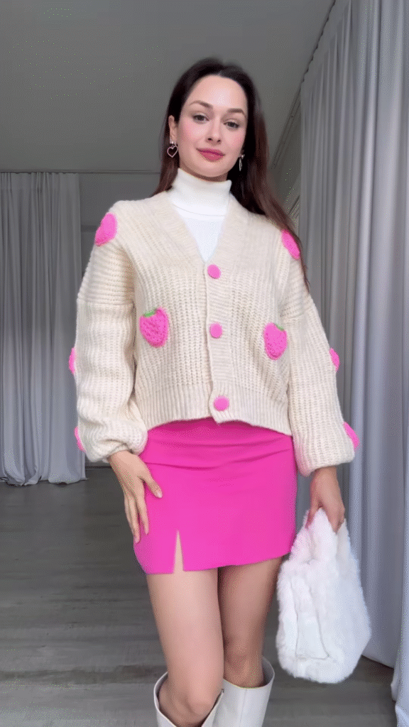 Strawberry-Patch Knit Cardigan 🍓🧥 with Pink Buttons – Styled with Turtleneck, Mini Skirt & Boots - Photo 4