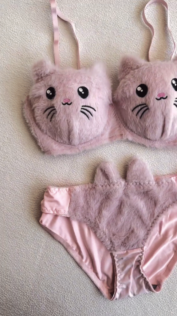 Furry Cat-Face Bras 🐱💗 – Plush Lingerie Tops in Pink, White & Red Variants with Embroidered Details - Photo 3