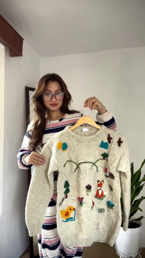 Whimsical Nature-Embroidered Knit Sweater 🌞🦊🌼 – Beige Base with Colorful Storybook Detailing - Photo 2