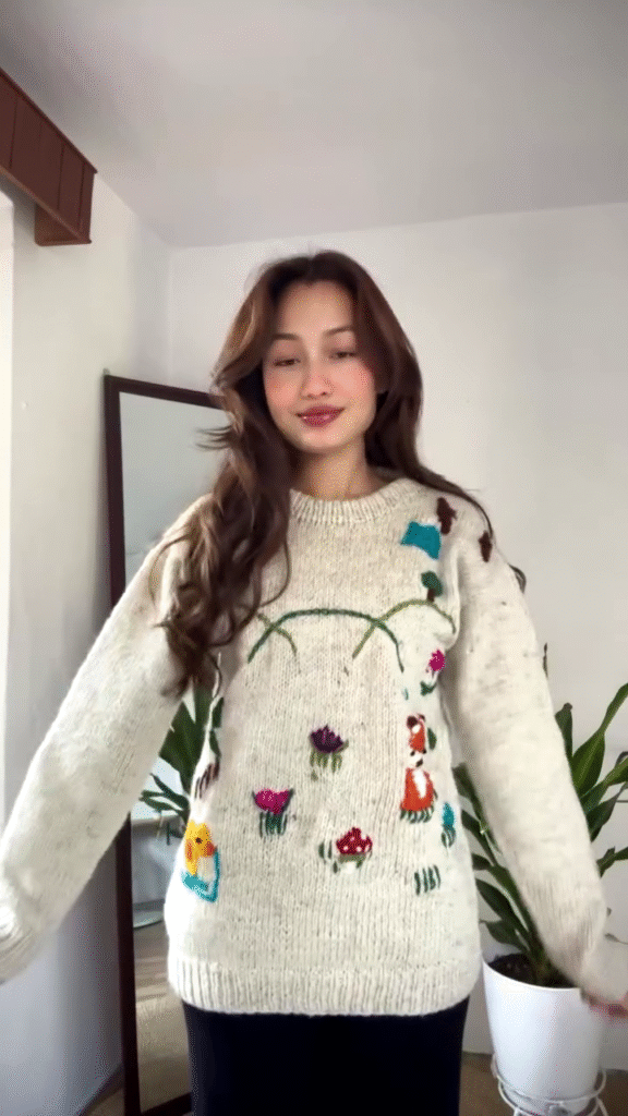 Whimsical Nature-Embroidered Knit Sweater 🌞🦊🌼 – Beige Base with Colorful Storybook Detailing - Photo 3