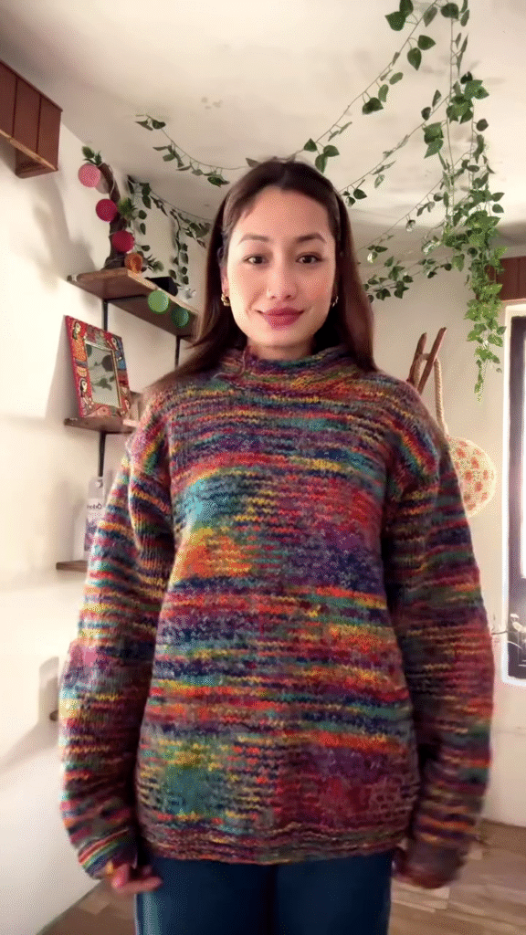 Handmade Multicolor Textured Knit Sweater 🌈🧶 – Cozy Rainbow Layer Styled in Decor-Rich Setting - Photo 1