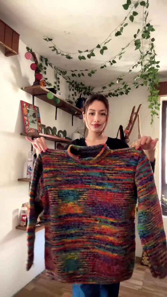 Handmade Multicolor Textured Knit Sweater 🌈🧶 – Cozy Rainbow Layer Styled in Decor-Rich Setting - Photo 2