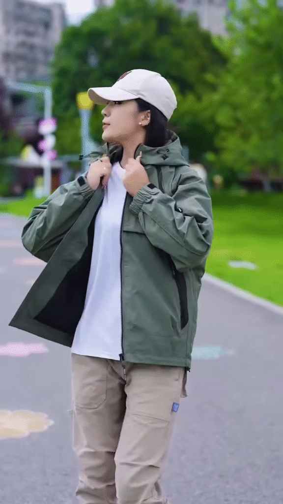 Green Zip-Up Casual Jacket 🧥🌳 – Styled with White Tee & Beige Cargo Pants in Outdoor Setting - Photo 3