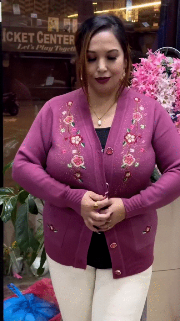 Floral Embroidered Knit Cardigans 🌸🧥 – Beige, Maroon & Purple Variants with Button-Up Front & Pocket Detailing - Photo 7