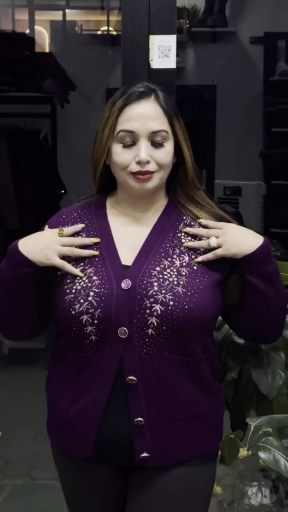 Floral V-Neck Knit Cardigans 🌸🧥 – Purple, Black & Beige Variants with Button Closure & Boutique Styling - Photo 2