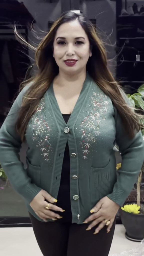 Floral V-Neck Knit Cardigans 🌸🧥 – Purple, Black & Beige Variants with Button Closure & Boutique Styling - Photo 6